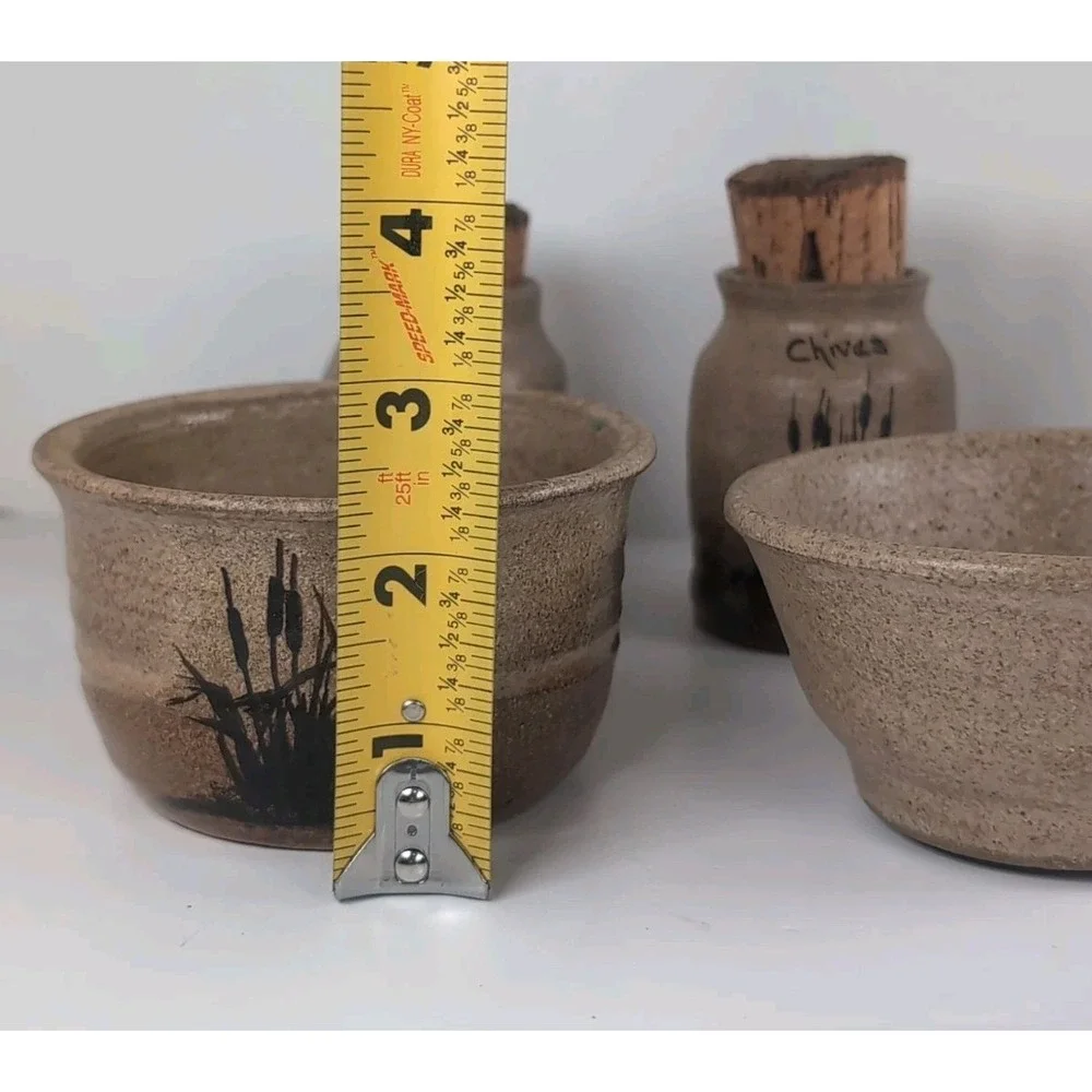 Signed Pottery 3 Spice Jars W/Cork Lids And 2 Bowls Artist P. Francis Vintage